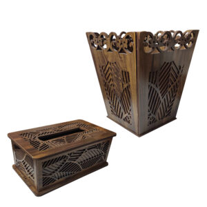 Houten Prullenbak & Tissuedoos Set – Bladontwerp