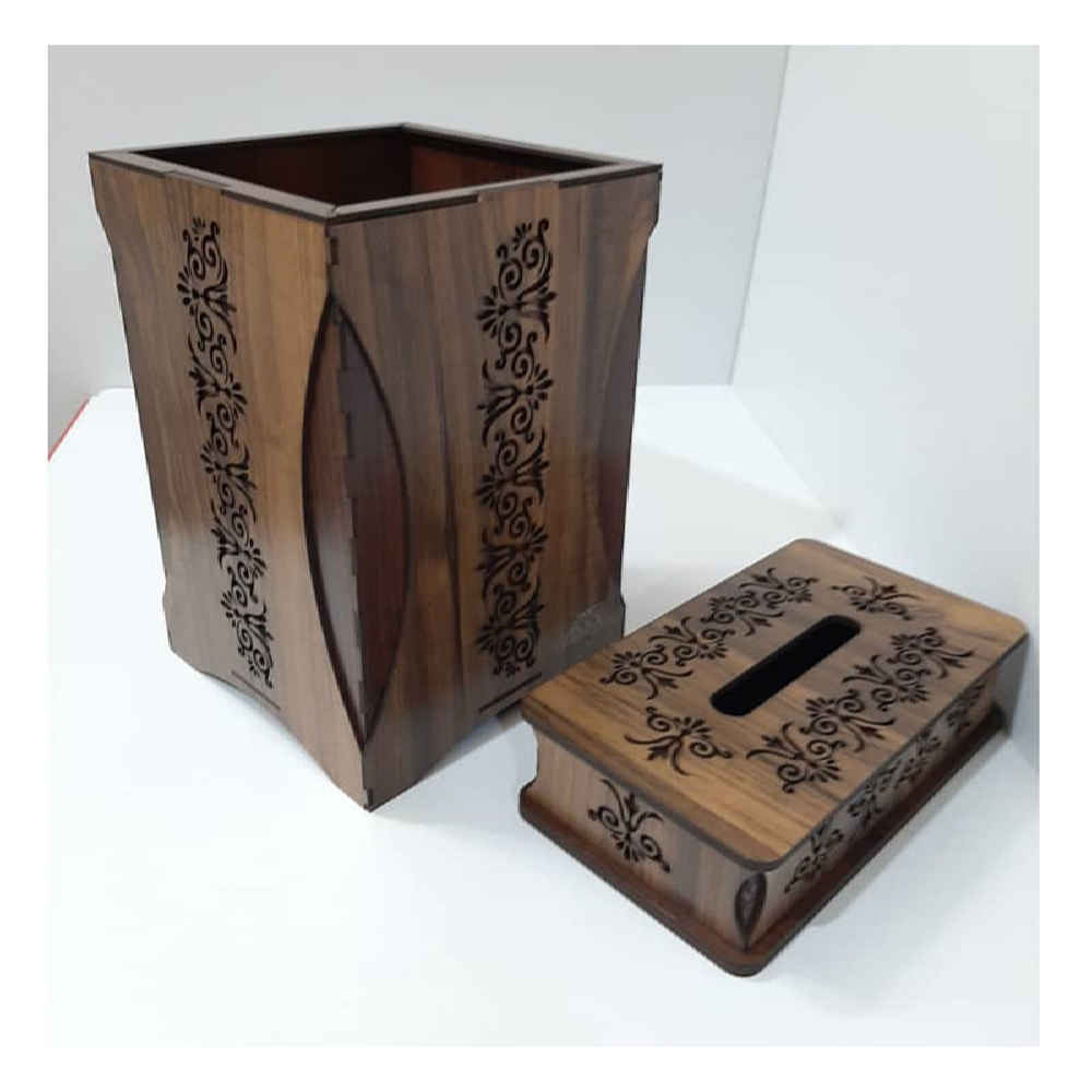 Houten Prullenbak & Tissuedoos Set – Bloempatroon