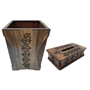 Houten Prullenbak & Tissuedoos Set – Bloempatroon