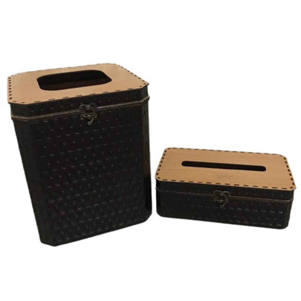 Houten Prullenbak & Tissuedoos Set met Scharnierend Deksel