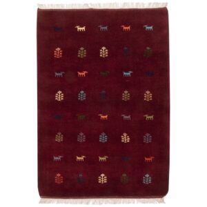 Authentiek handgeknoopt Perzisch minimalistisch Gabbeh tapijt met dierenmotieven – Rood, Wol
