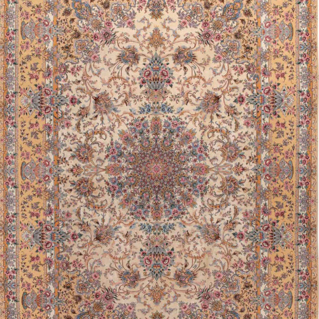 Handgeknoopt Perzisch Isfahan Tapijt (Lachak Toranj Bloemenmedaillon) – Crème Zijde & Korkwol