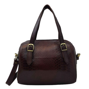 Maroon Lederen Bauletto Handtas met Slangenhuid Patroon