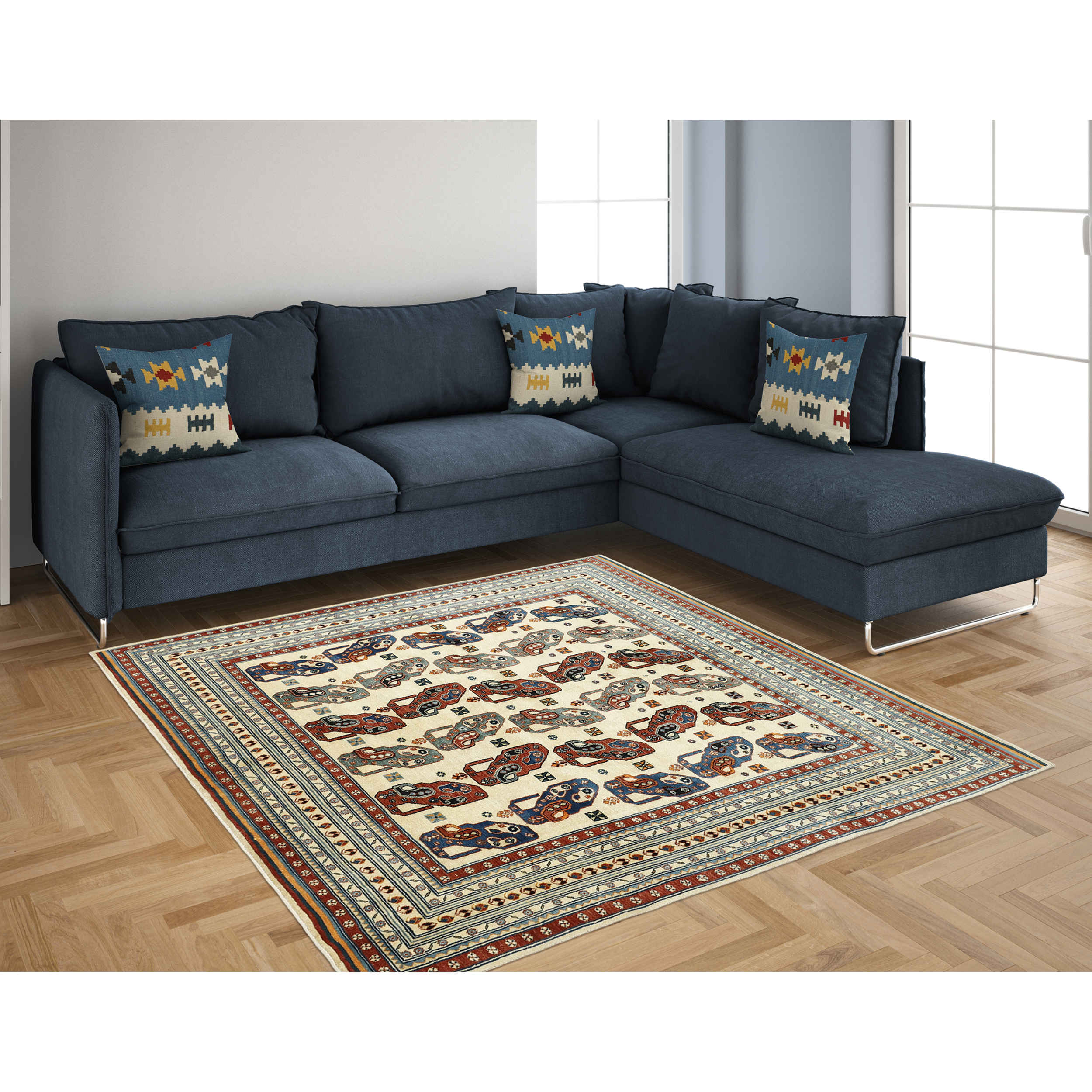 Echt handgeknoopt Perzisch minimalistisch Gabbeh tapijt – Geometrisch, Crème, Wol