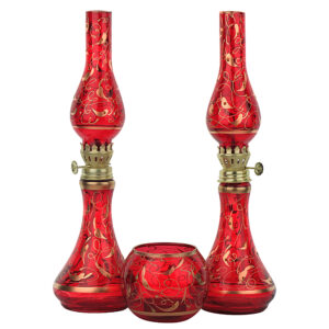 Glazen Kerosinelamp Set met Kandelaar Rood