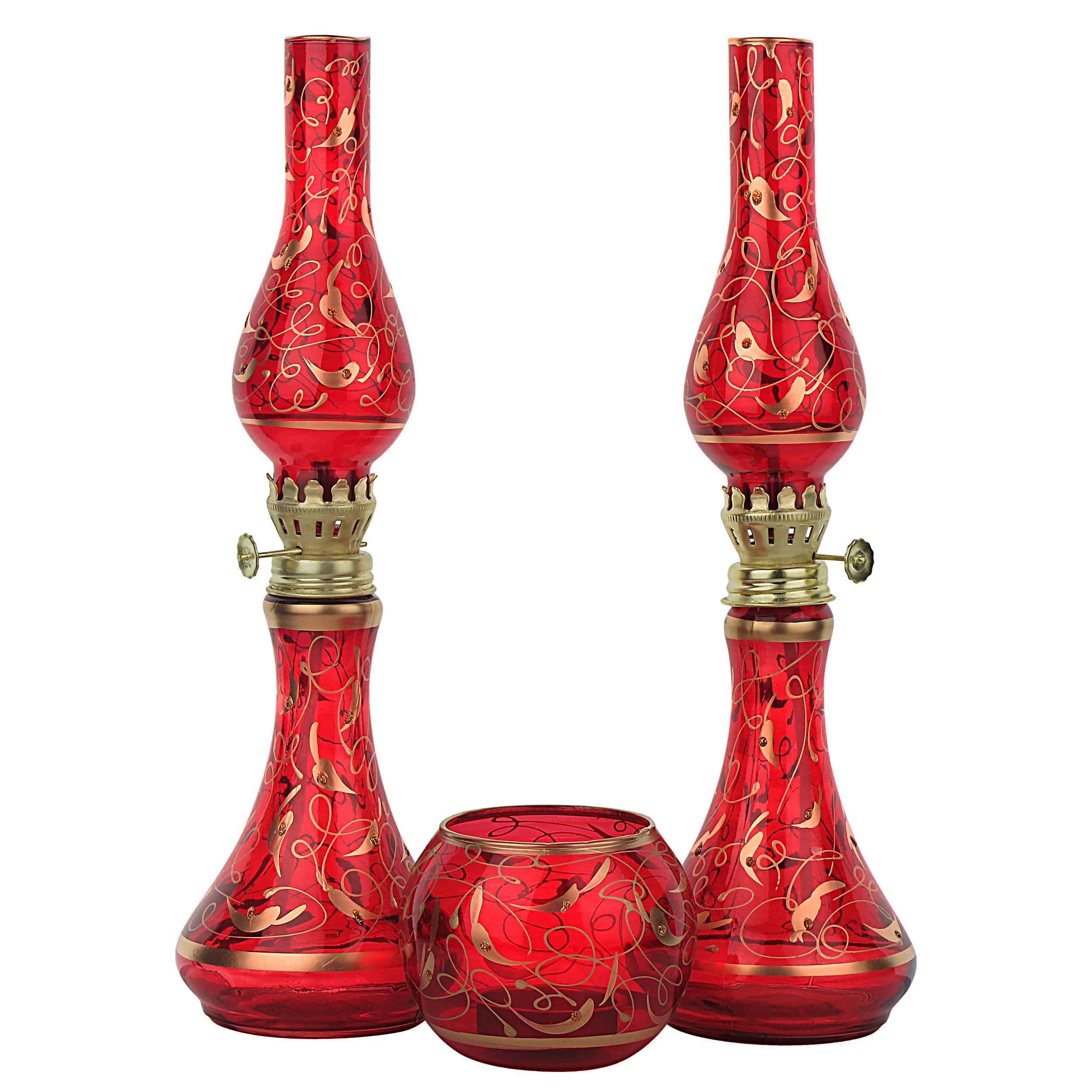 Glazen Kerosinelamp Set met Kandelaar Rood