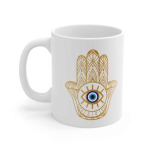 Islamitische Keramische Koffiemok – Gouden Hamsa Hand Patroon