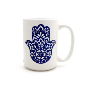 Islamitische Keramische Koffiemok – Navy Blue Hamsa Hand van Fatima Patroon