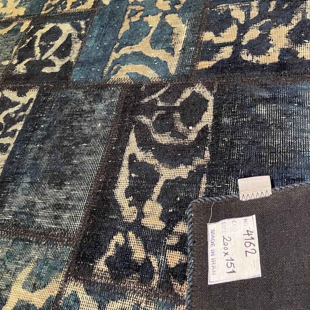 Vintage Perzisch Handgeknoopt Patchwork Tapijt Marineblauw