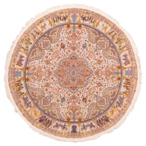 Handgeknoopt Perzisch Tabriz Tapijt (Lachak Toranj Bloemenmedaillon) – Crème Zijde & Korkwol