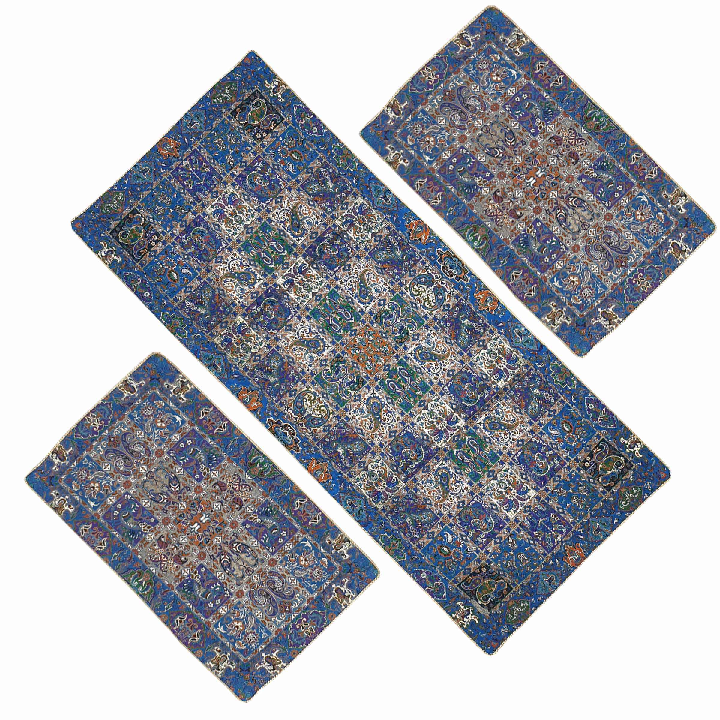 Set van 3 Luxe Termeh Tafelkleden Kheshti – Blauw Geometrisch