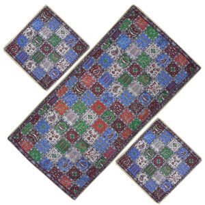 Set van 4 Luxe Termeh Tafelkleden Shahdad – Blauw Geometrisch