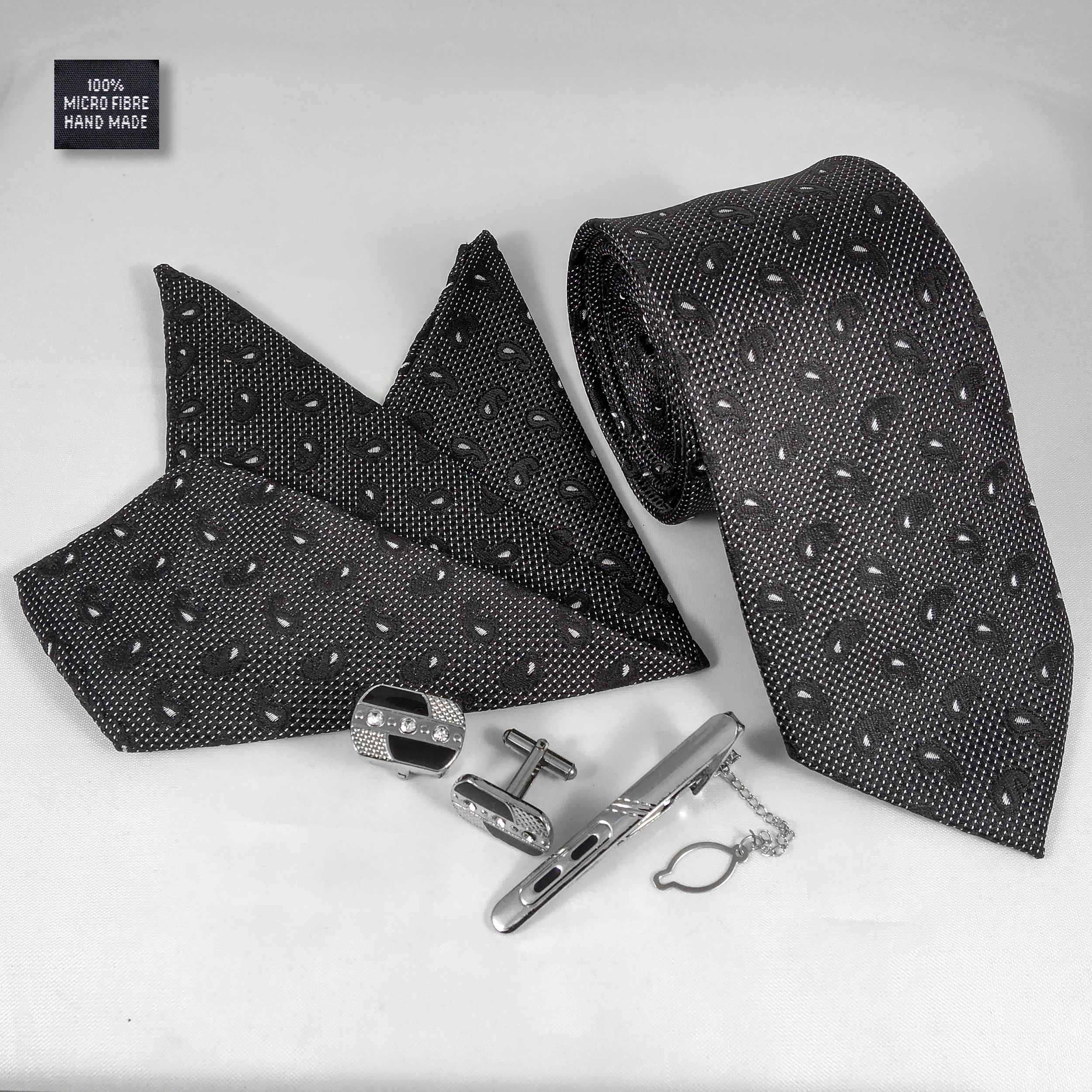 Heren Stropdas, Pochet & Manchetknopen Set – Luxe Zwart