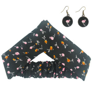 Dames Gedraaide Kruis Haarband & Oorbellen Set Zwart met Bloemen
