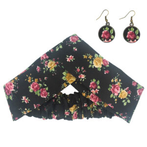 Dames Gedraaide Haarband & Oorbellen Set Zwart Bloemen