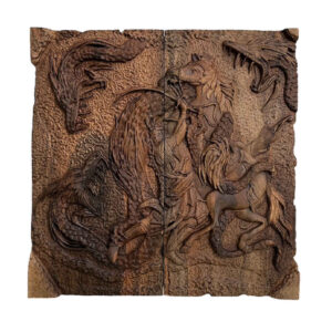 Houten gesneden backgammonbord met drakenstrijd