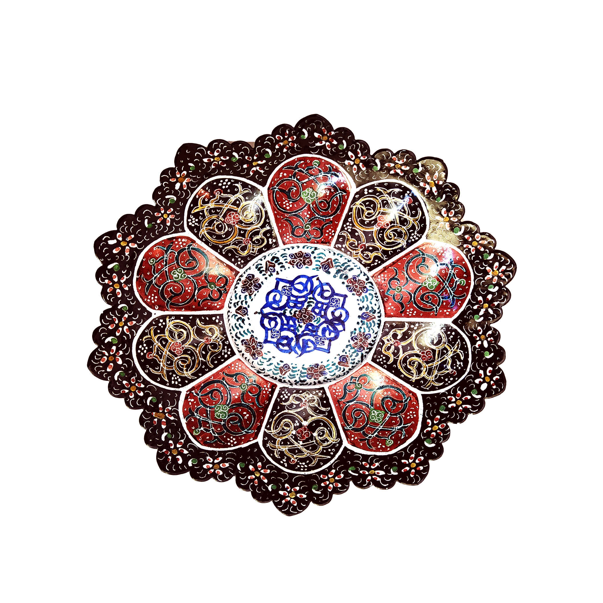 Decoratieve koperen schaal & bord handbeschilderd met Perzische minakari-emaille Azrakhsh