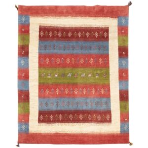 Handgeknoopt Perzisch gestreept Gabbeh tapijt met dierenmotieven – Rood, Wol