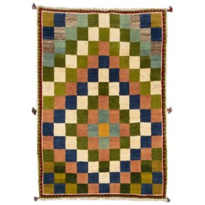 Handgeknoopt Perzisch geometrisch Gabbeh tapijt – Geruit, Groen, Wol