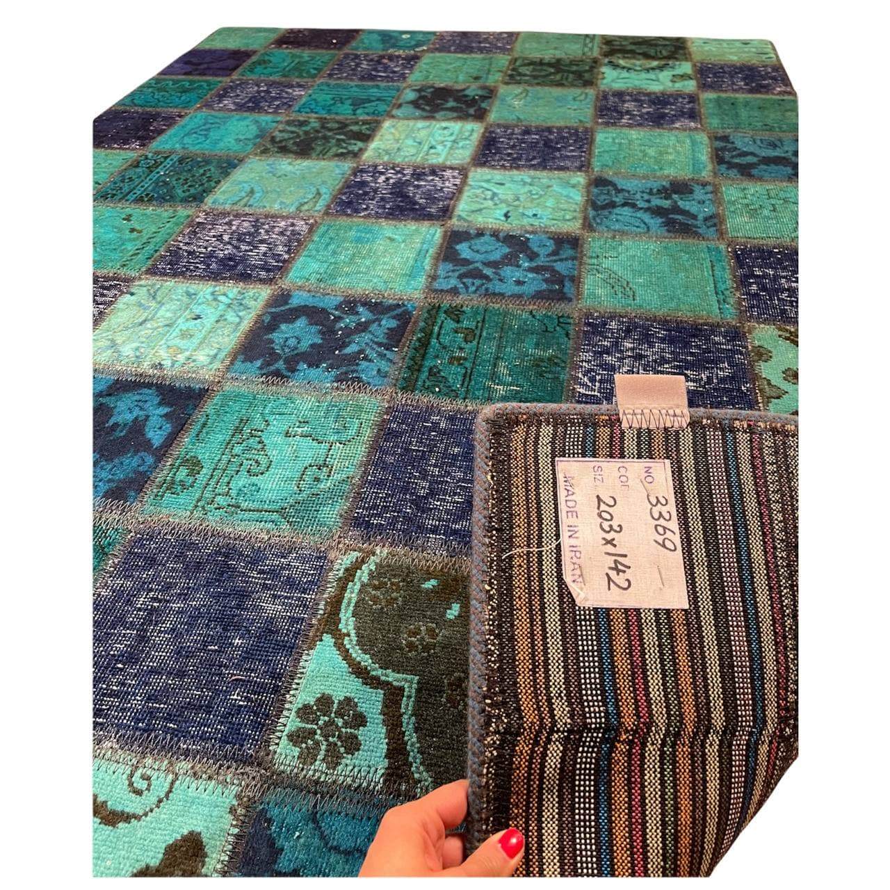 Perzisch Handgeknoopt Patchwork Tapijt – Geruit Blauw