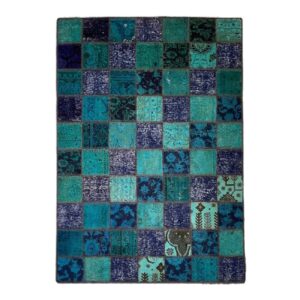 Perzisch Handgeknoopt Patchwork Tapijt – Geruit Blauw