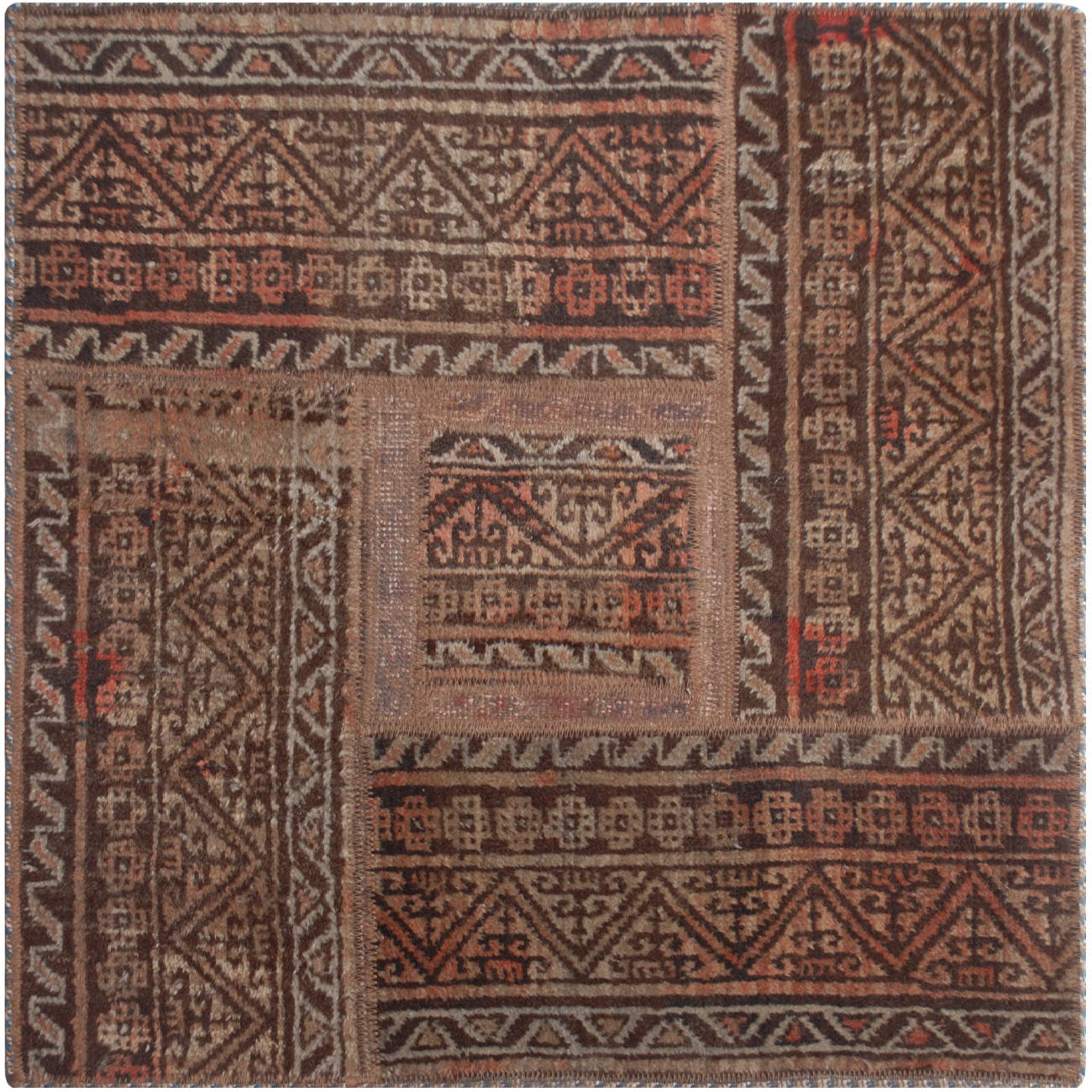 Vintage Perzisch Handgeknoopt Patchwork Tapijt Bruin Vierkant