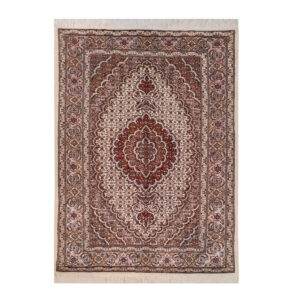 Handgeknoopt Perzisch Tabriz Riz Mahi Tapijt (Mahi Medaillon) – Crème Wol