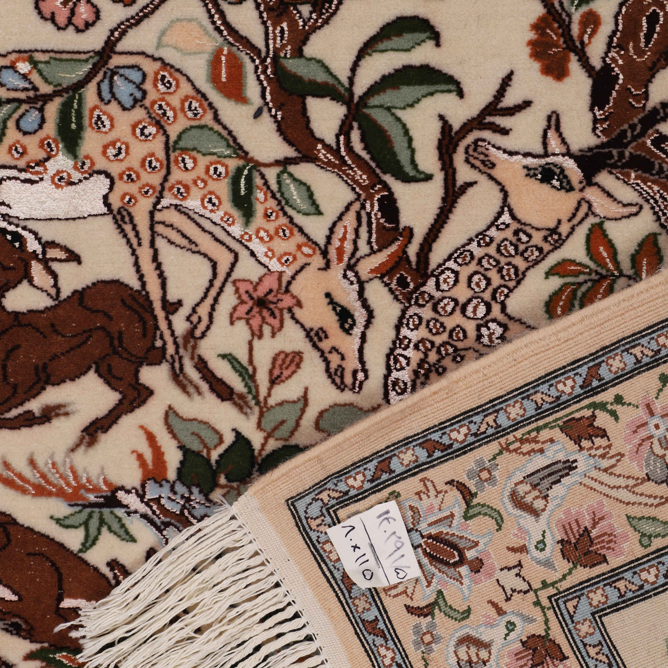 Handgeknoopt Perzisch Isfahan Picturaal Tapijt (Herten & Vogels) – Crème Zijde & Korkwol