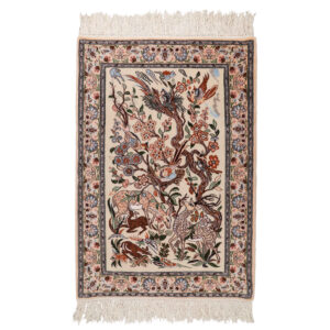 Handgeknoopt Perzisch Isfahan Picturaal Tapijt (Herten & Vogels) – Crème Zijde & Korkwol