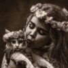 Handgeknoopt Perzisch beeldtapijt uit Tabriz ‘Meisje & Kat’