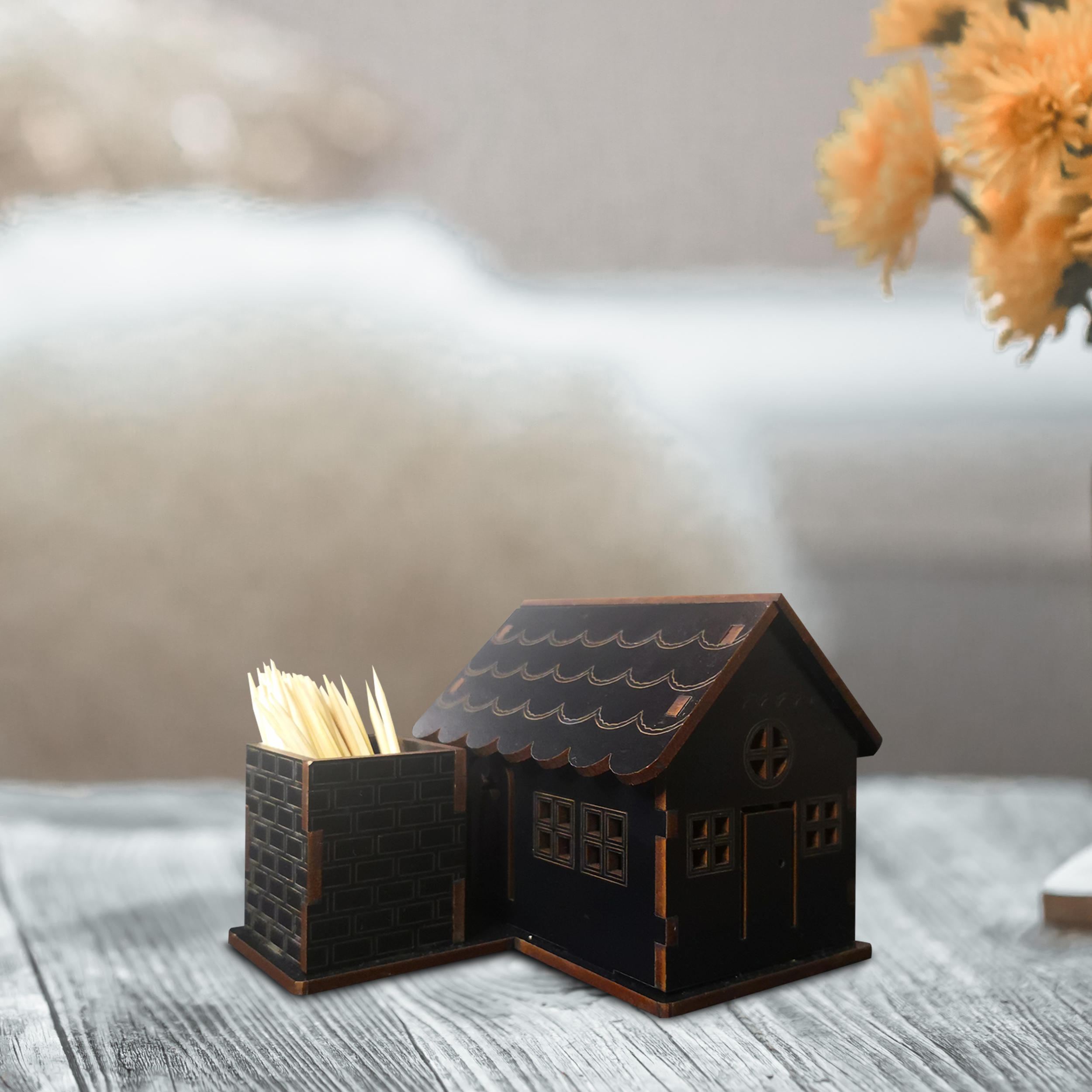 Houten Tandenstokerhouder met Huisje-ontwerp voor op Tafel