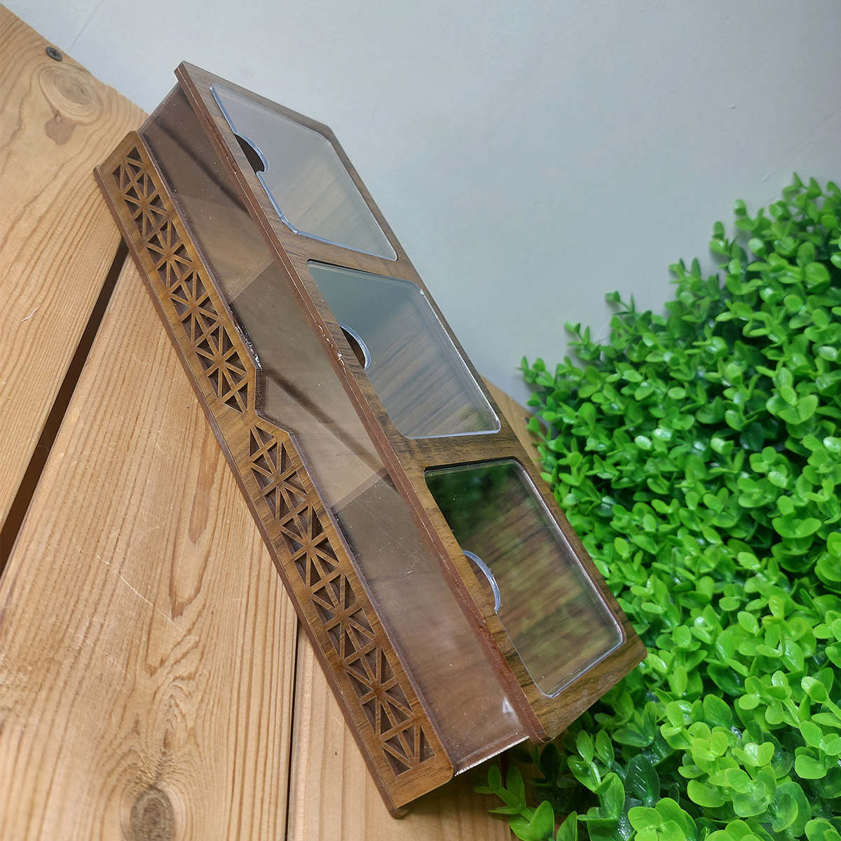 Compacte 3-Vaks Houten Thee-Organizer – Elegante houtafwerking