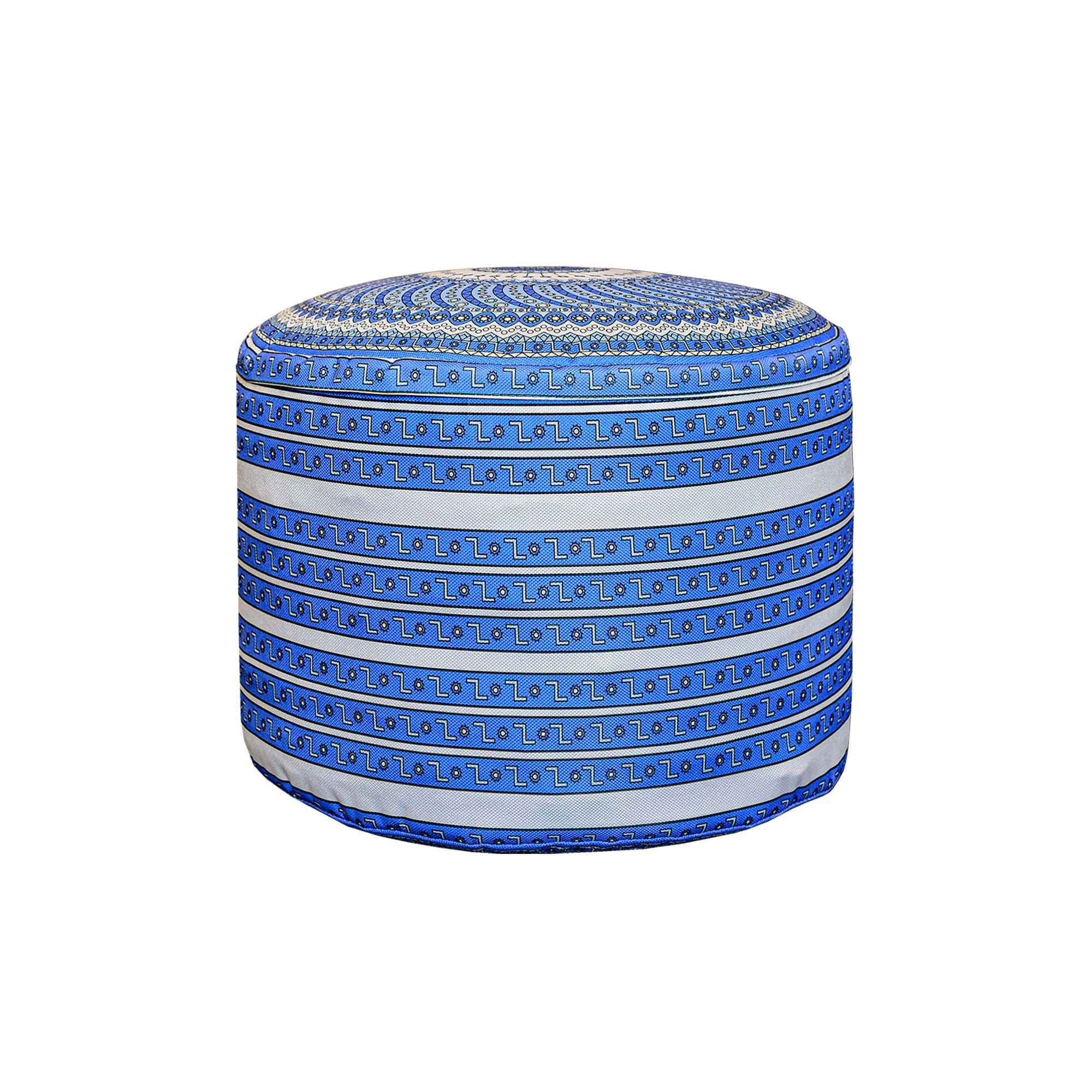 Ambachtelijke Ronde Poef met Wit & Blauw Stof