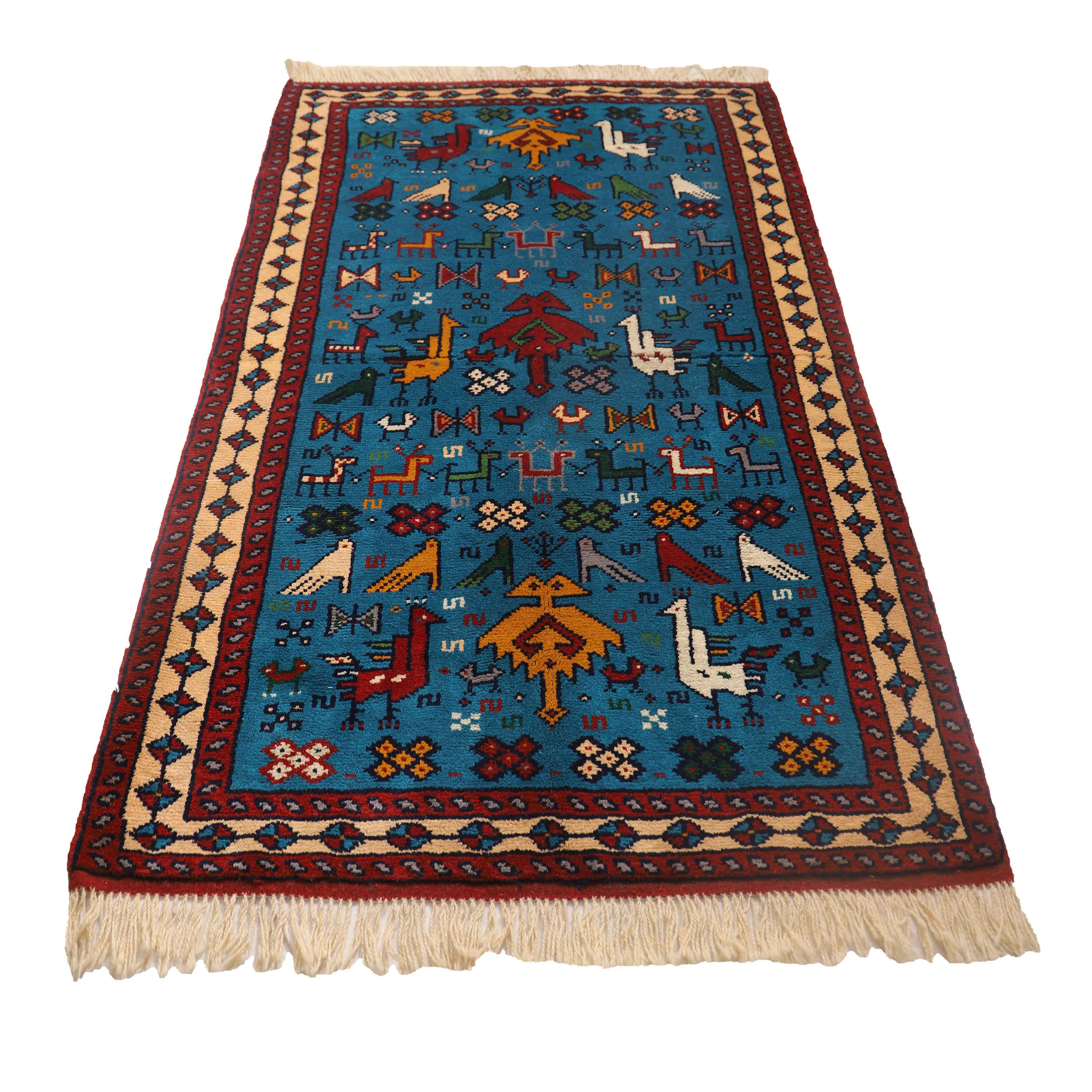 Handgeknoopt Perzisch Khorasan Tribaal Tapijt (Traditionele Dierenmotieven) – Blauwe Wol
