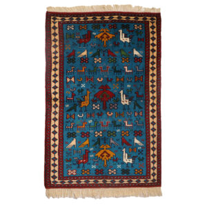 Handgeknoopt Perzisch Khorasan Tribaal Tapijt (Traditionele Dierenmotieven) – Blauwe Wol