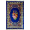 Handgeknoopt Perzisch Qom Zijden Tapijt (Bloemenmedaillon) - Blauw