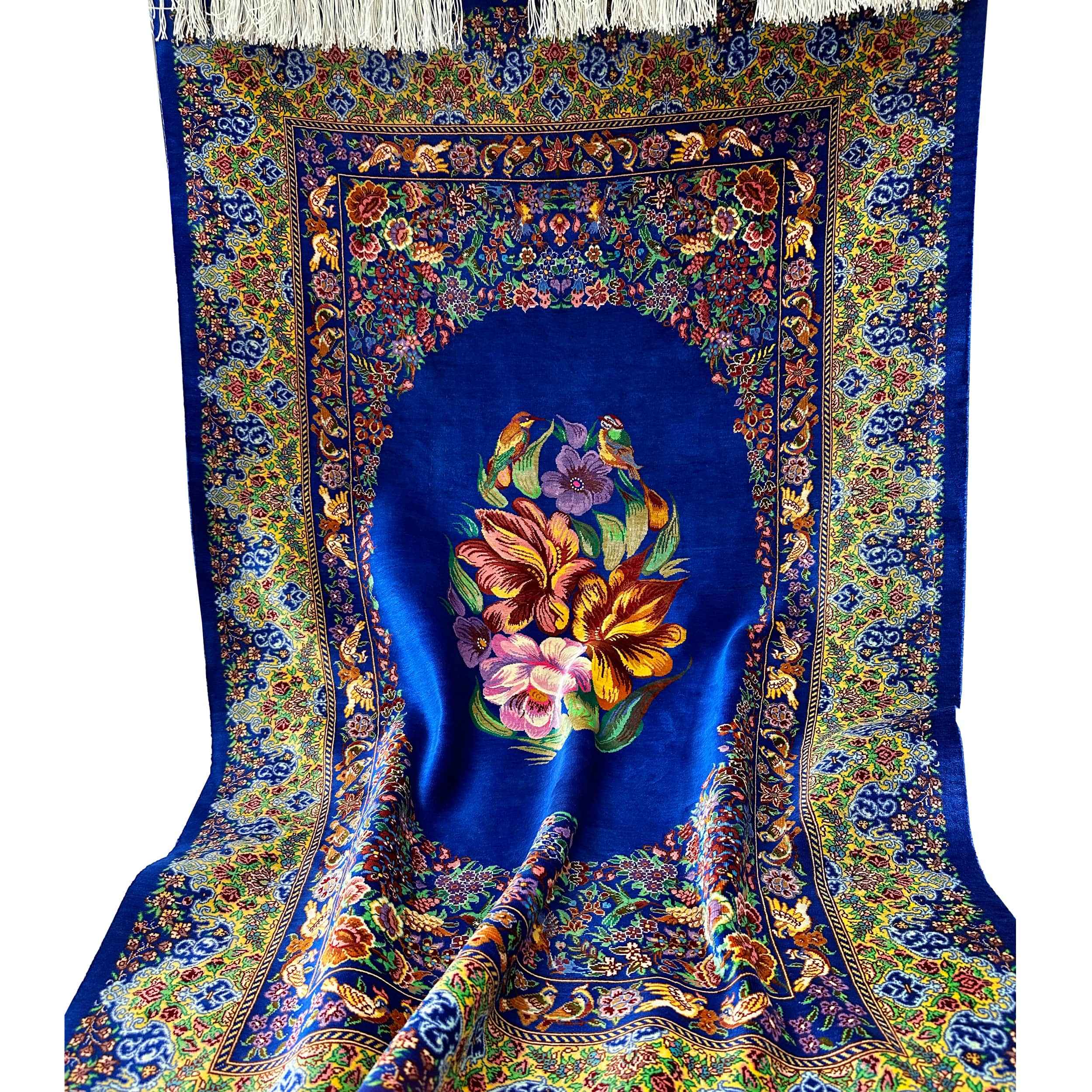 Handgeknoopt Perzisch Qom Zijden Tapijt (Bloemenmedaillon) – Blauw