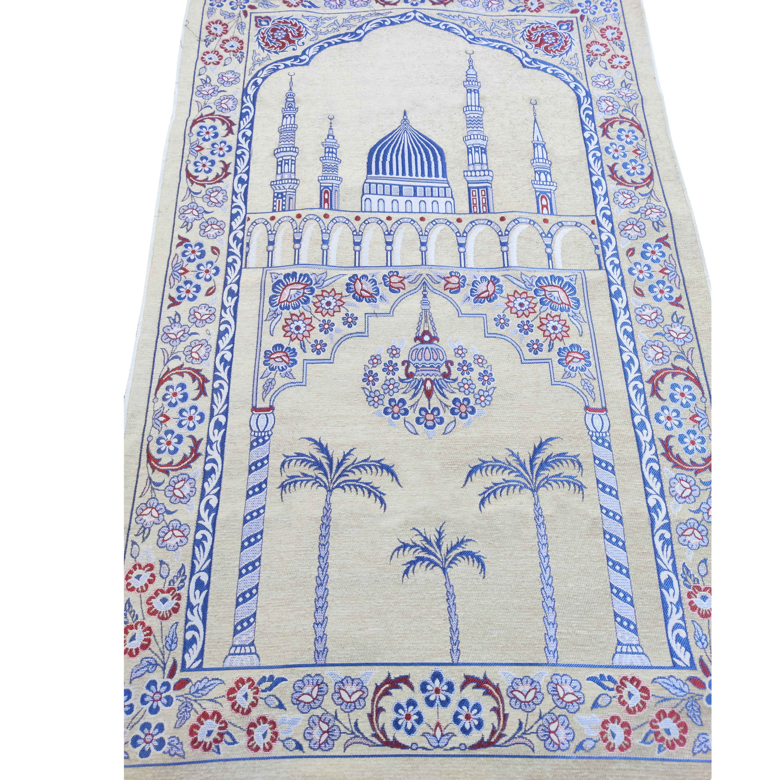 Islamitische Gebedsmat Gevoerd Fluwelen Sajadah Minaret Crème & Blauw