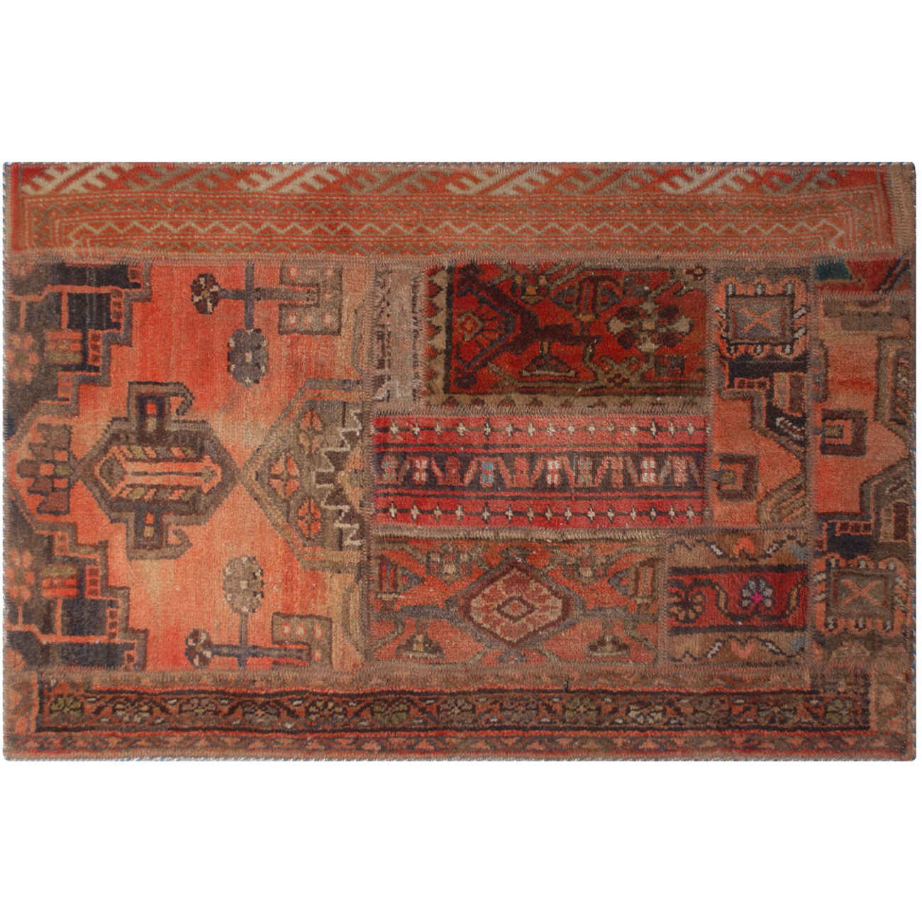 Vintage Patchwork Tapijt Baksteenrood – Geometrisch Wol