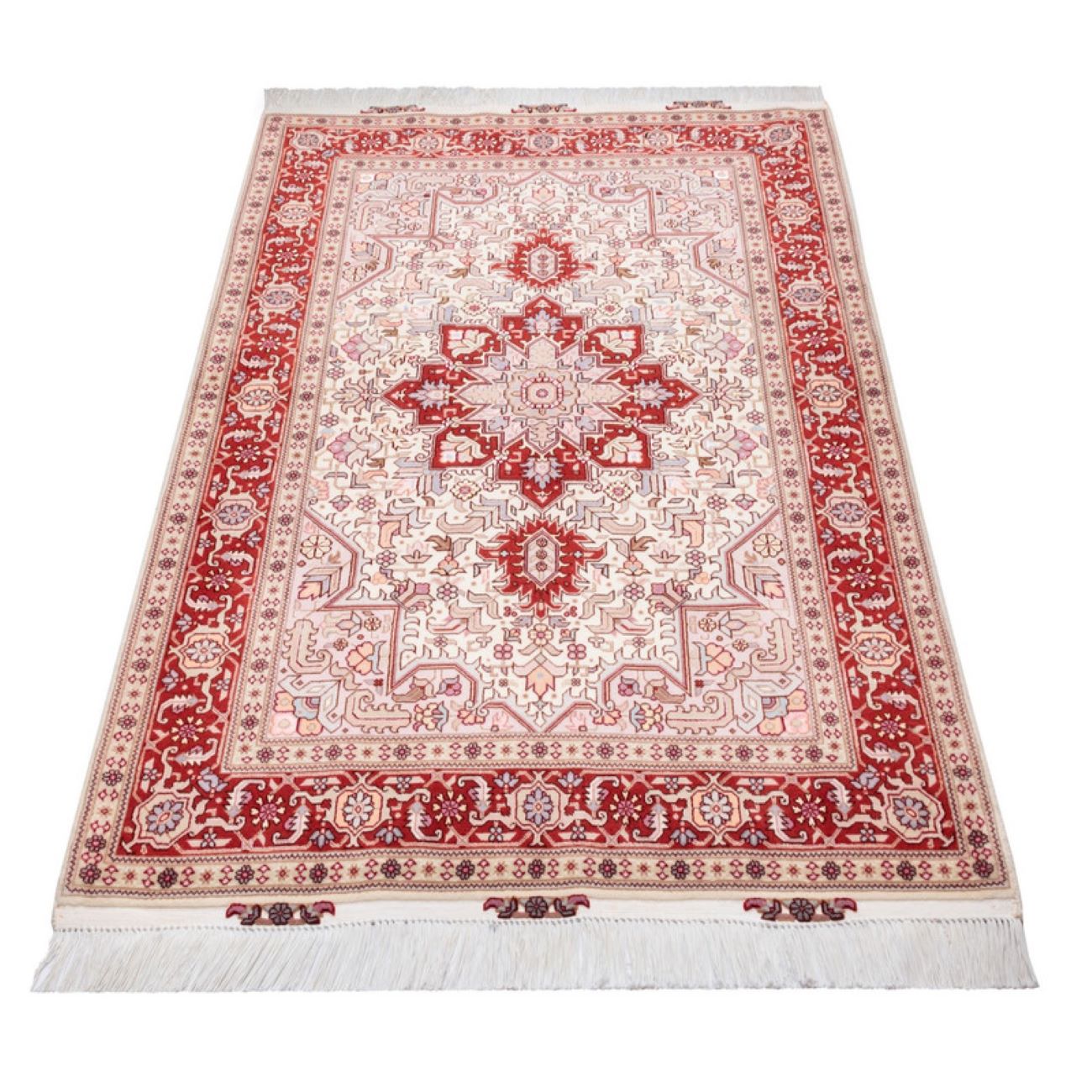 Handgeknoopt Perzisch Tabriz Tapijt (Lachak Toranj Bloemenmedaillon) – Rode Zijde & Wol