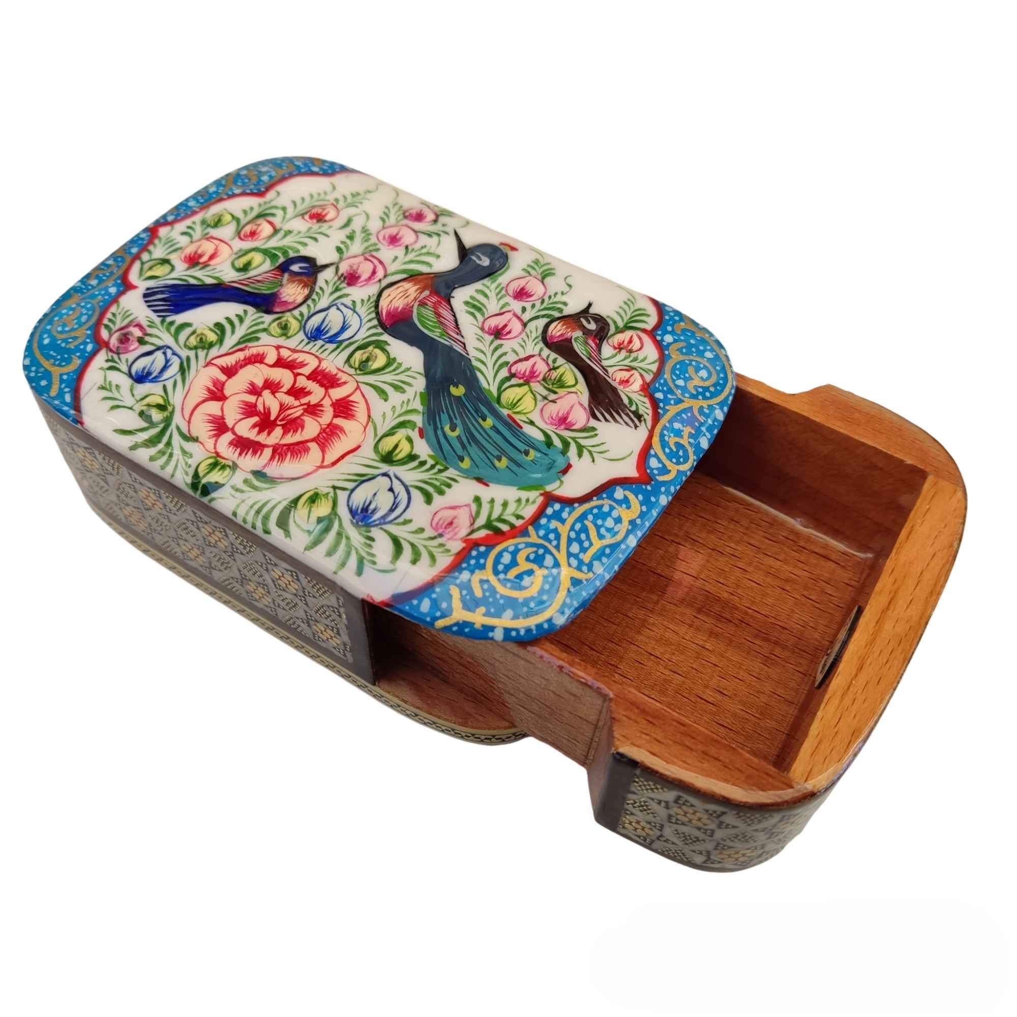 Perzische Houten Kaartendoos – Khatam Emaille Vogels & Bloemen