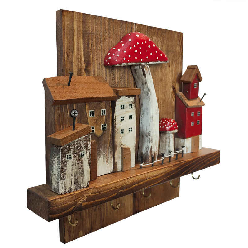 Decoratieve & Handgemaakte Muur Sleutelhouder met Huisje & Paddenstoel Ontwerp