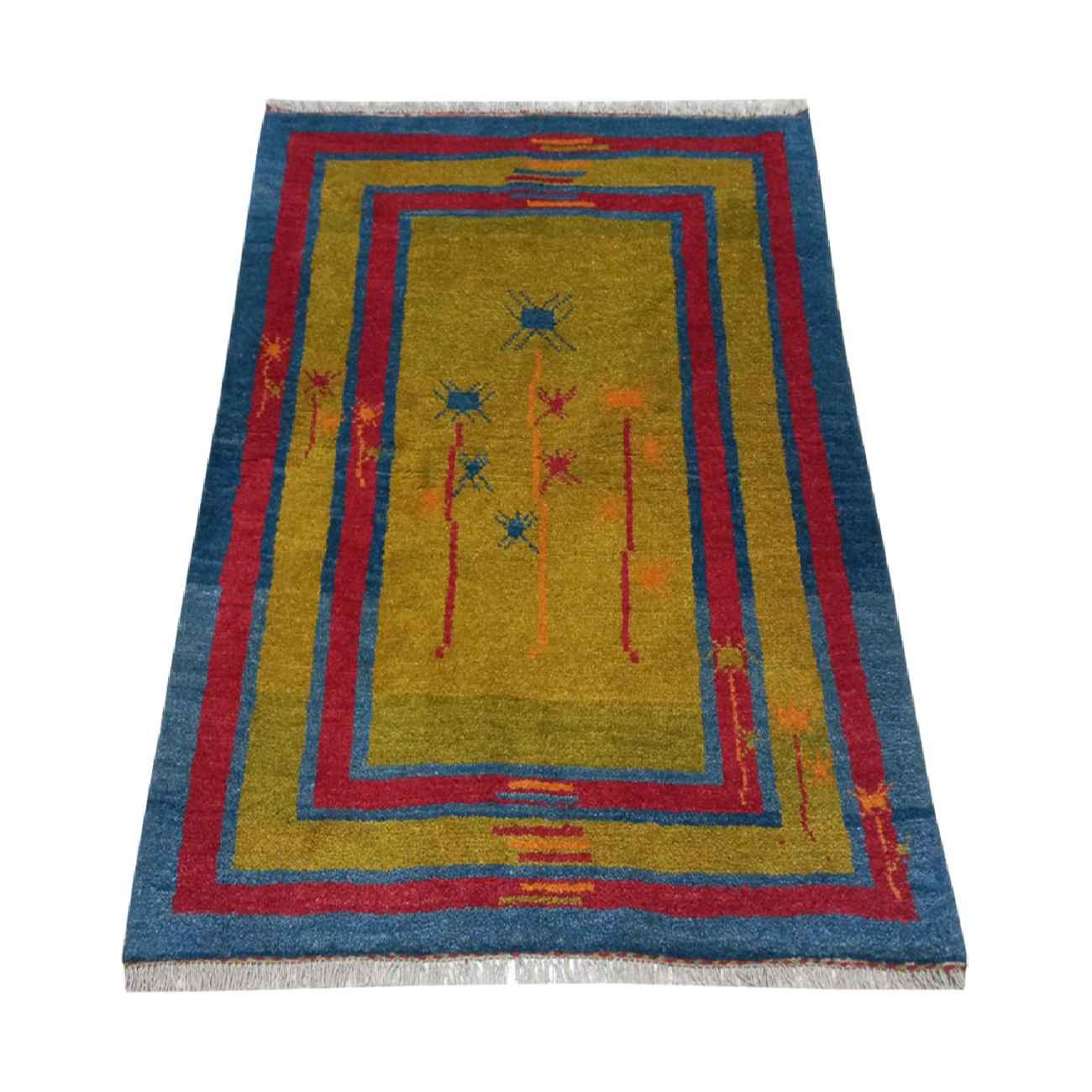 Origineel handgeknoopt Perzisch Gabbeh tapijt – Abstract bloemenontwerp, Geel, Wol