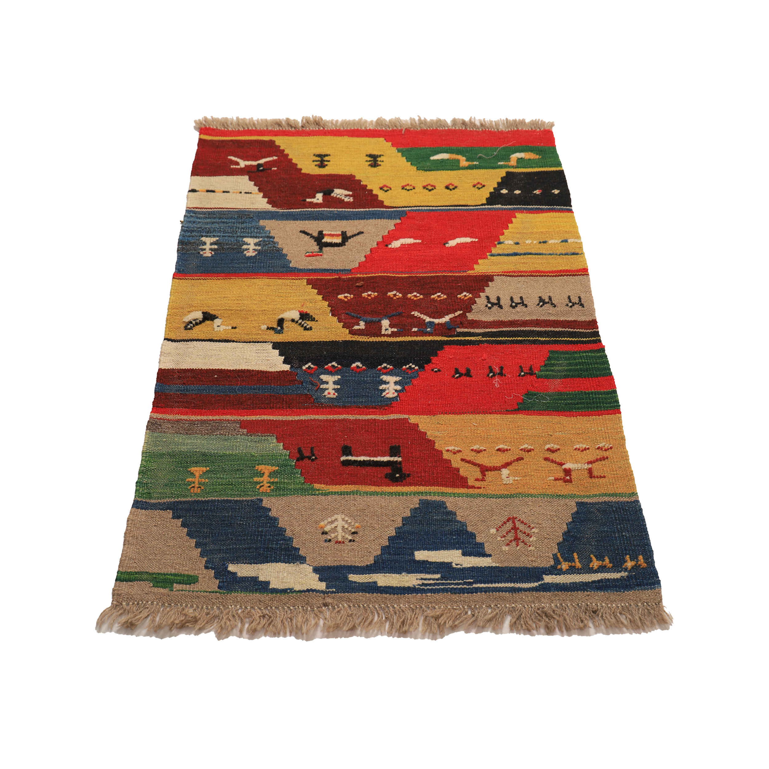 Origineel handgeknoopt Perzisch geometrisch Gabbeh tapijt met dierenmotieven – Geel, Wol