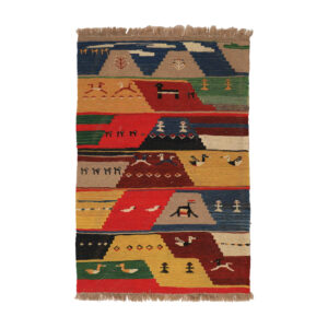 Origineel handgeknoopt Perzisch geometrisch Gabbeh tapijt met dierenmotieven – Geel, Wol