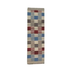 Origineel Perzisch Wol Kilim Tapijt Handgeweven Crèmekleurig Geblokt