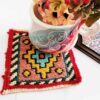 Handgeweven Iraanse Kilim Onderzitter – Geel Ruitontwerp, Vierkante Wol