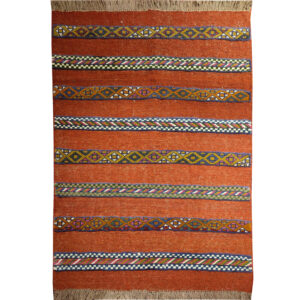 Perzisch Kilim Tapijt — Handgeweven Wol — Gestreept Baksteenrood