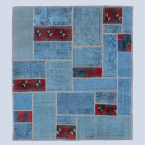 Perzisch Handgeknoopt Patchwork Tapijt – Geometrisch Blauw