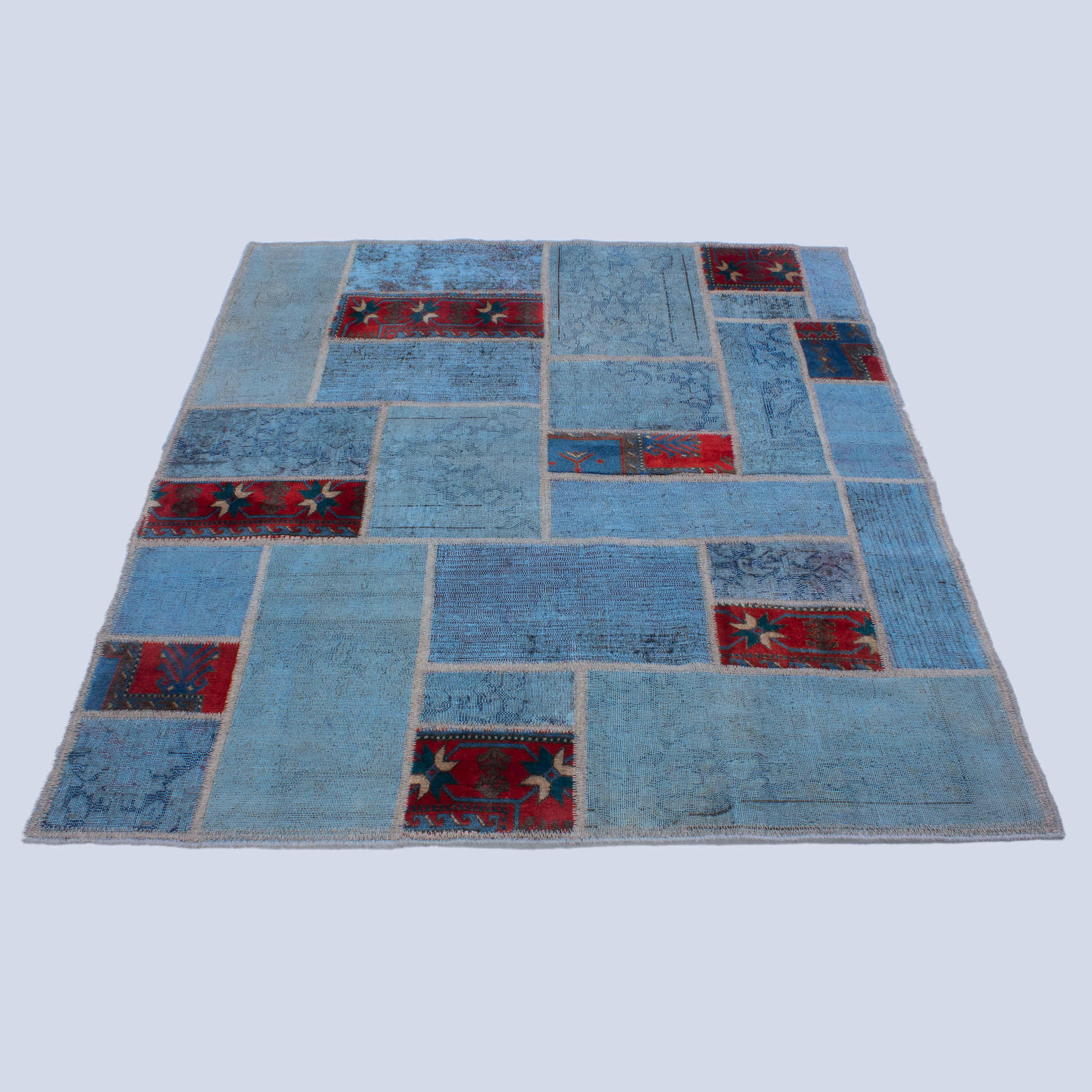 Perzisch Handgeknoopt Patchwork Tapijt – Geometrisch Blauw